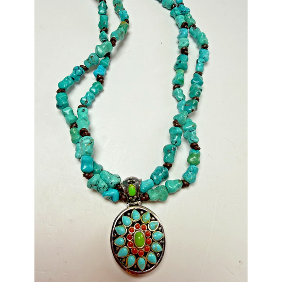 Barse Jewelry - Vintage Signed Barse 925 Sterling Silver Turquoise Nugget Necklace Oval Pendant